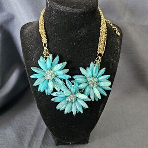 Blue Turquoise Beaded Flower Statement Bib Collar Necklace Gold Colored Chain